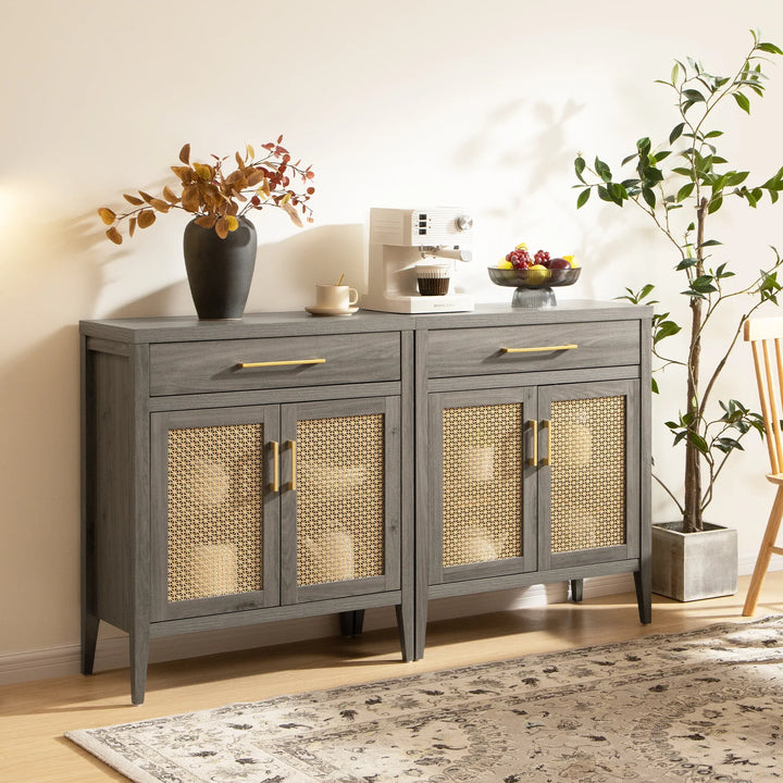 Modern gray sideboard with rattan cabinet doors, coffee maker, vase, fruit bowl, and indoor plant