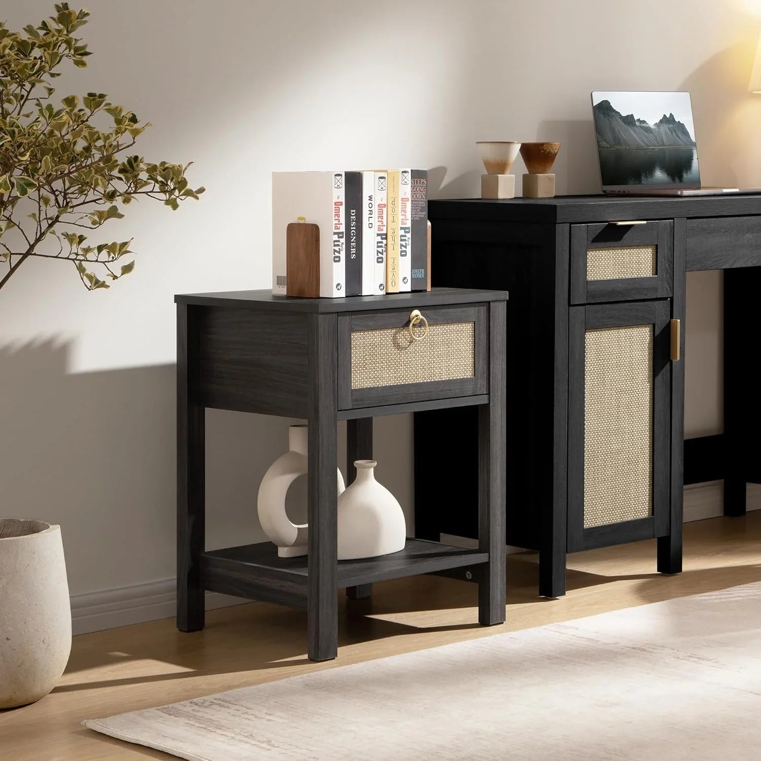 Terra Black Rattan Nightstand - 2 Pieces - Obsidian