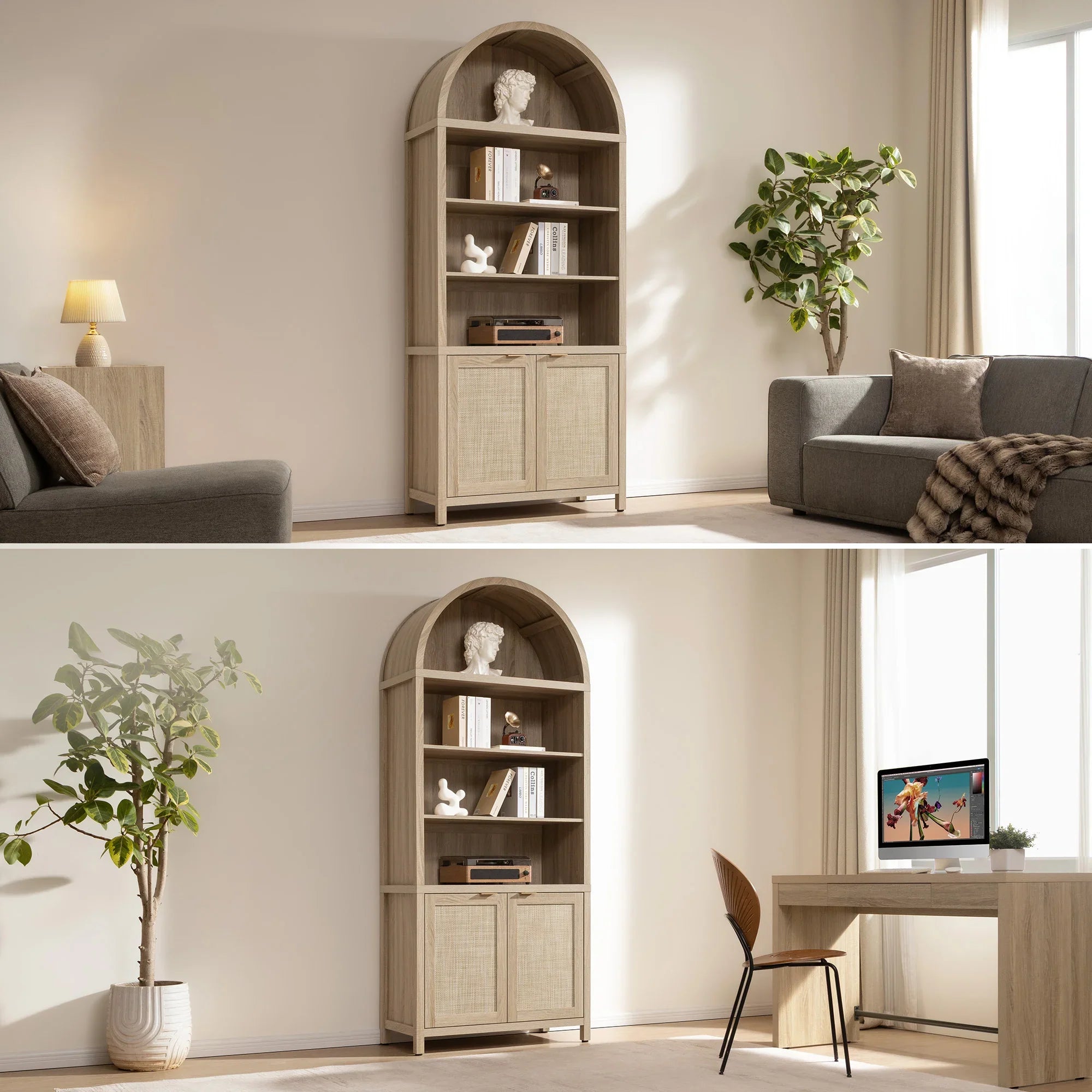 Arched wood bookshelf with decor in a modern living room and home office setting