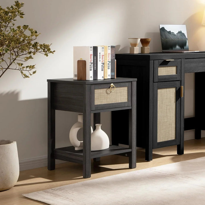 Terra Black Rattan Nightstand - 1 Piece - Carbon Cherry
