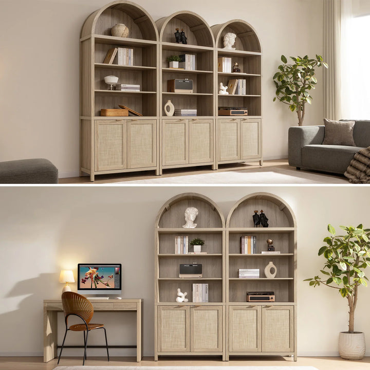 Modern living room and office with arched wood bookcases, shelving, and neutral decor