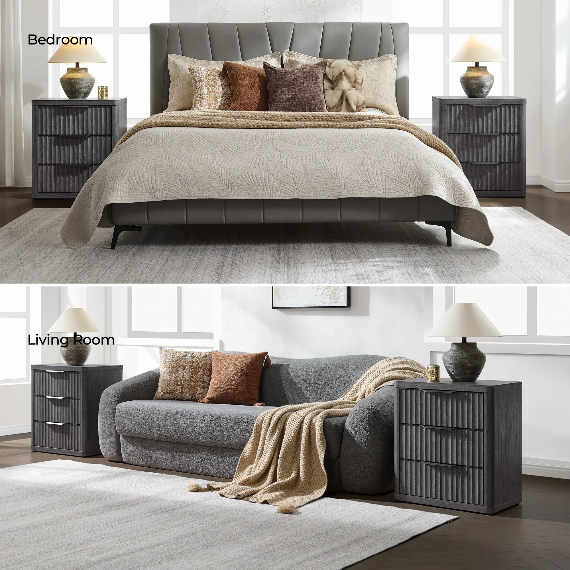 Stria Chest of 9 Drawers and Cas Night Tables Set