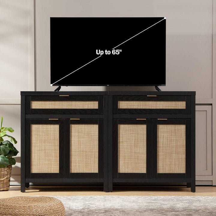 Modern black TV stand with rattan cabinet, flat screen holds up to 65 inches, living room decor