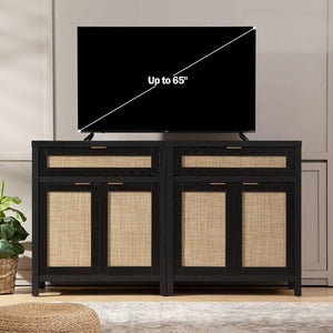 Modern black TV stand with rattan cabinet, flat screen holds up to 65 inches, living room decor
