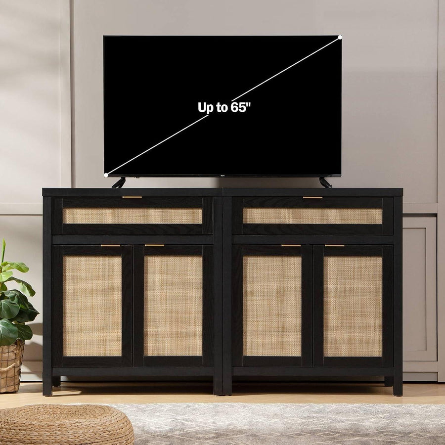 Modern black TV stand with rattan cabinet, flat screen holds up to 65 inches, living room decor