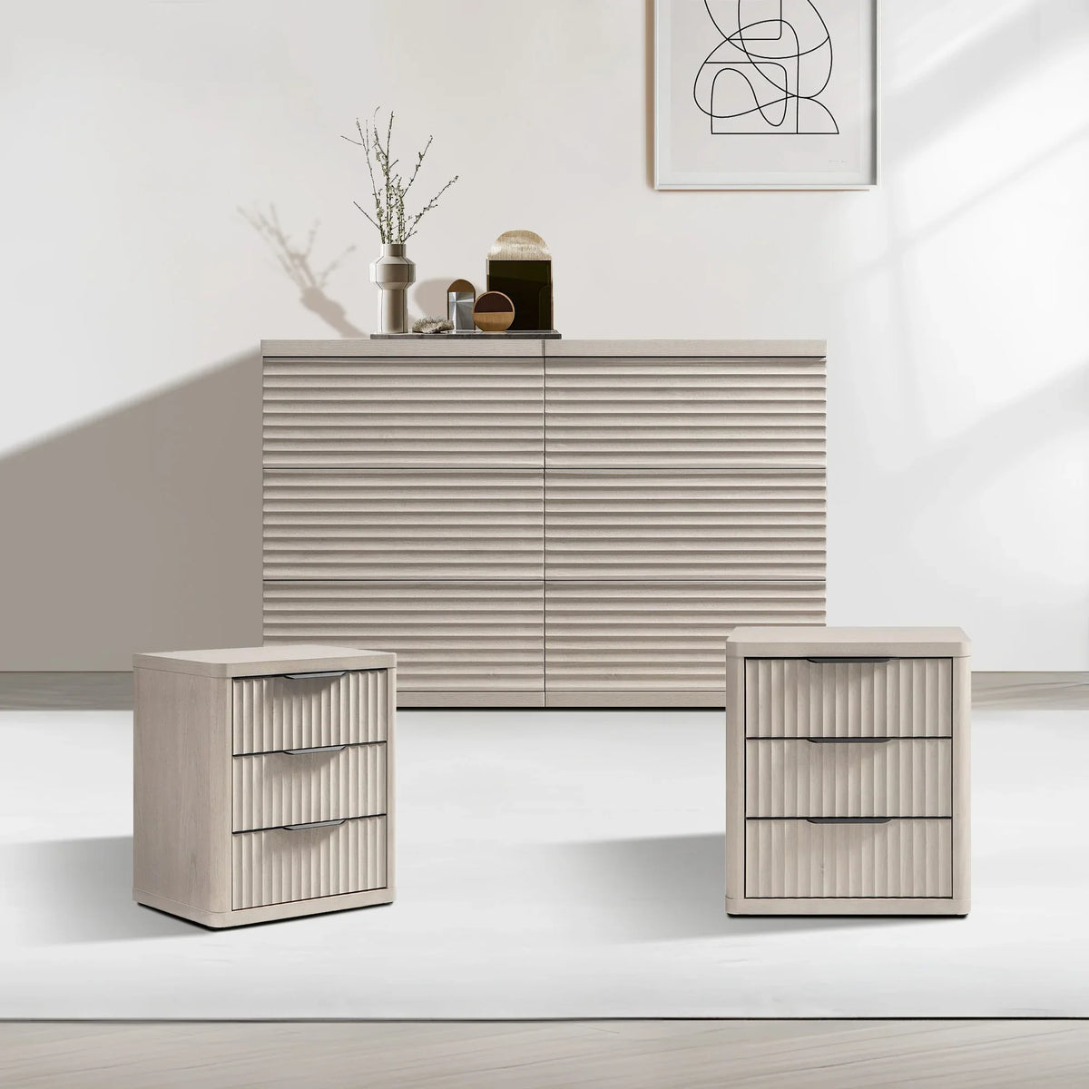 Stria Chest of 6 Drawers and Cas Night Tables Set