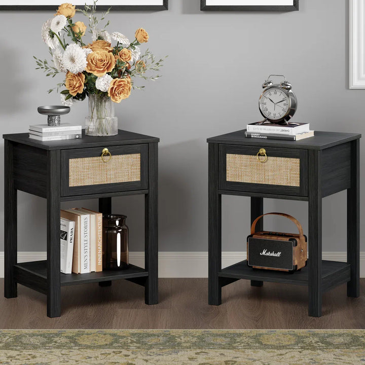 Terra Black Rattan Nightstand - 2 Pieces - Obsidian