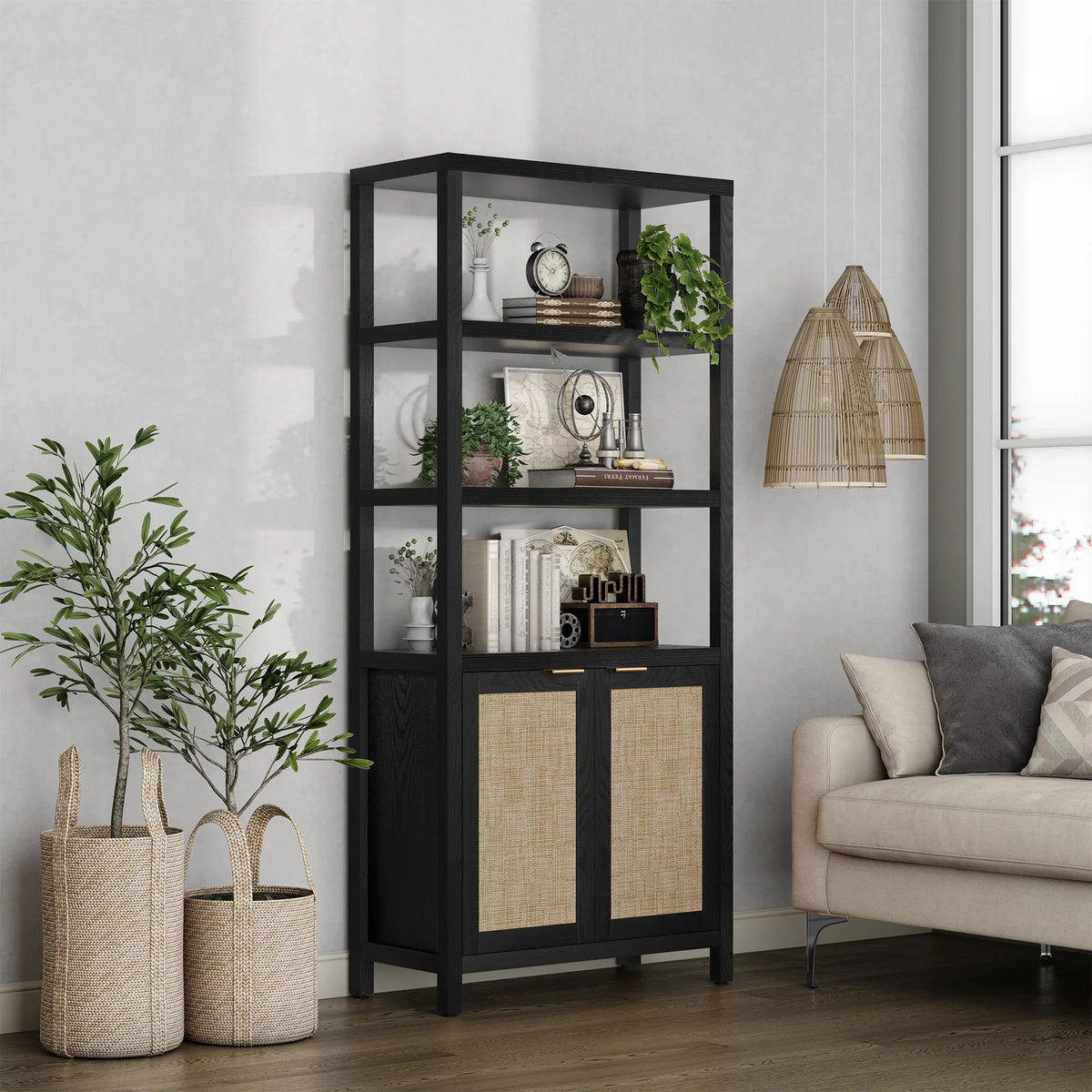 Modern black and rattan bookshelf in cozy living room with plants and woven decor baskets