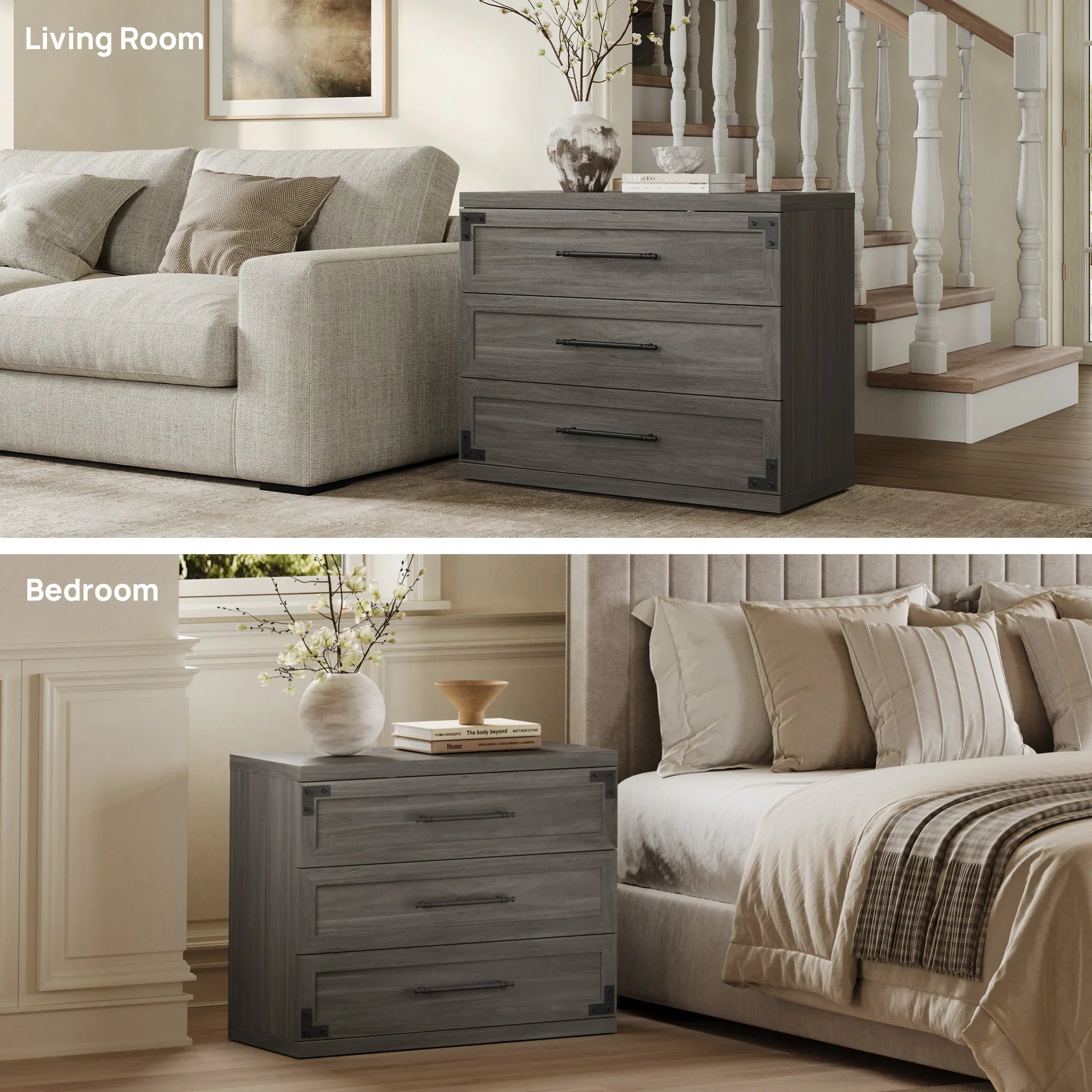 Willow 3-Drawers Nightstands Set, 25.5 Inch Tall