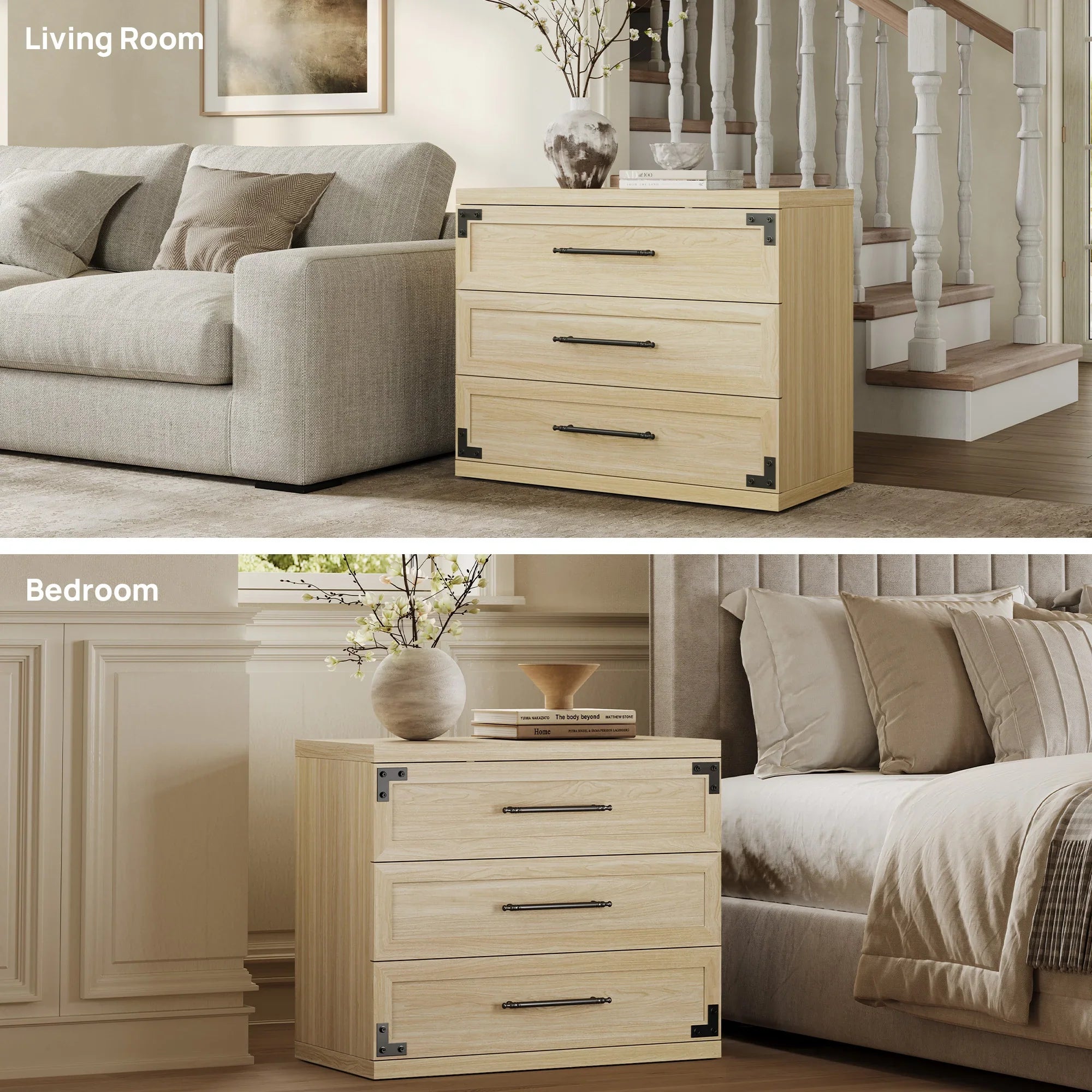 Willow 3-Drawers Nightstands Set - 2 Pieces - Oak Brown