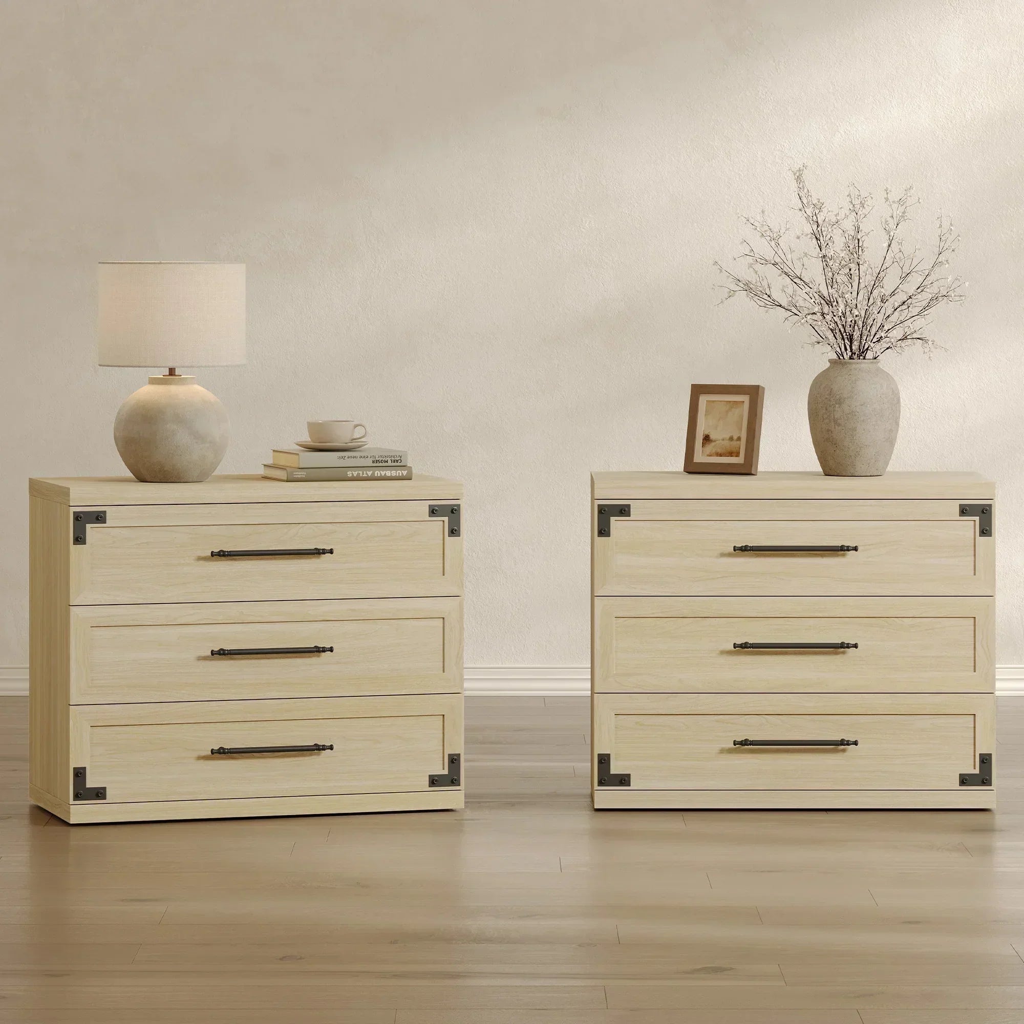 Willow 3-Drawers Nightstands Set - 2 Pieces - Sand Beige