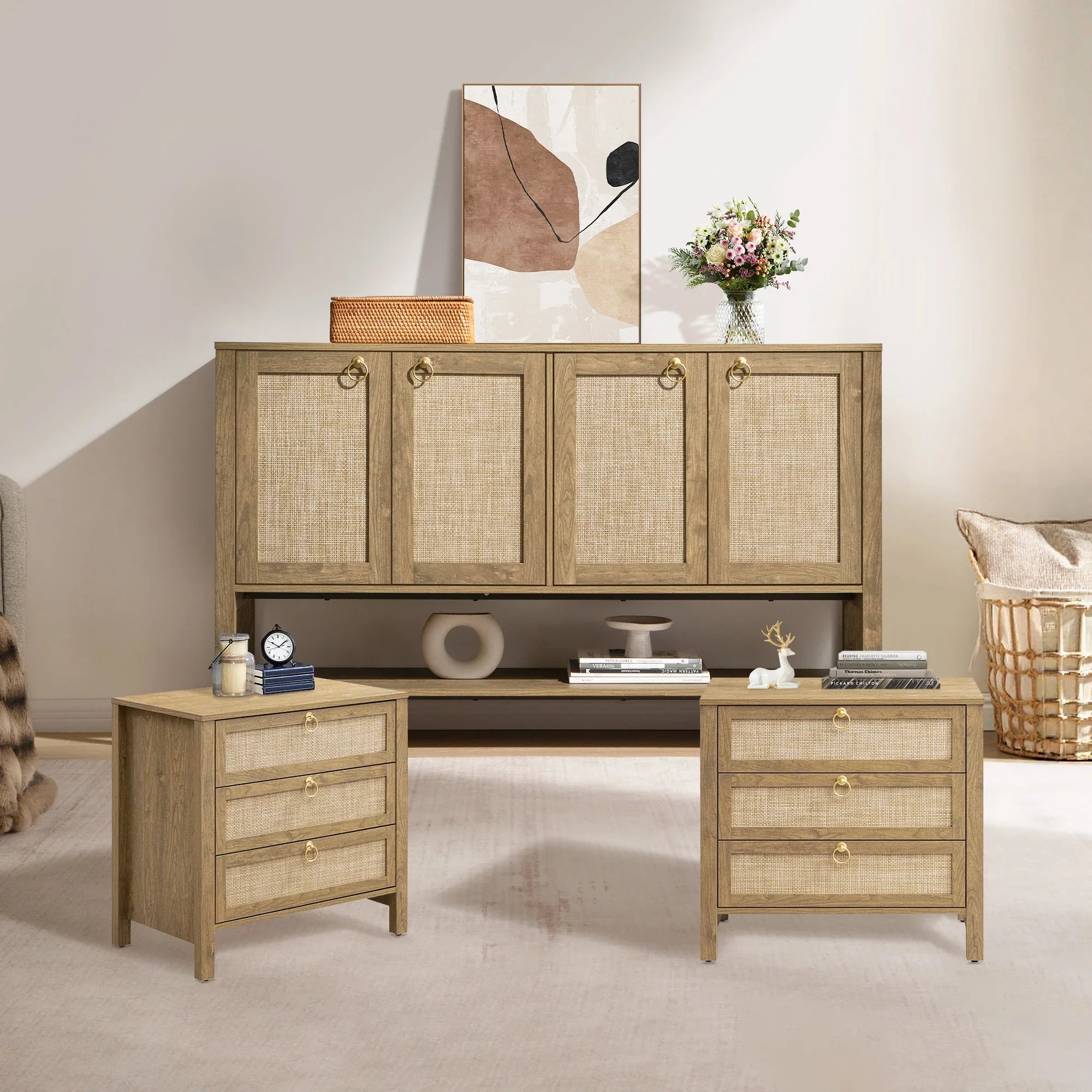 Terra 4 Doors Sideboard and 3 Drawers Nightstands Set