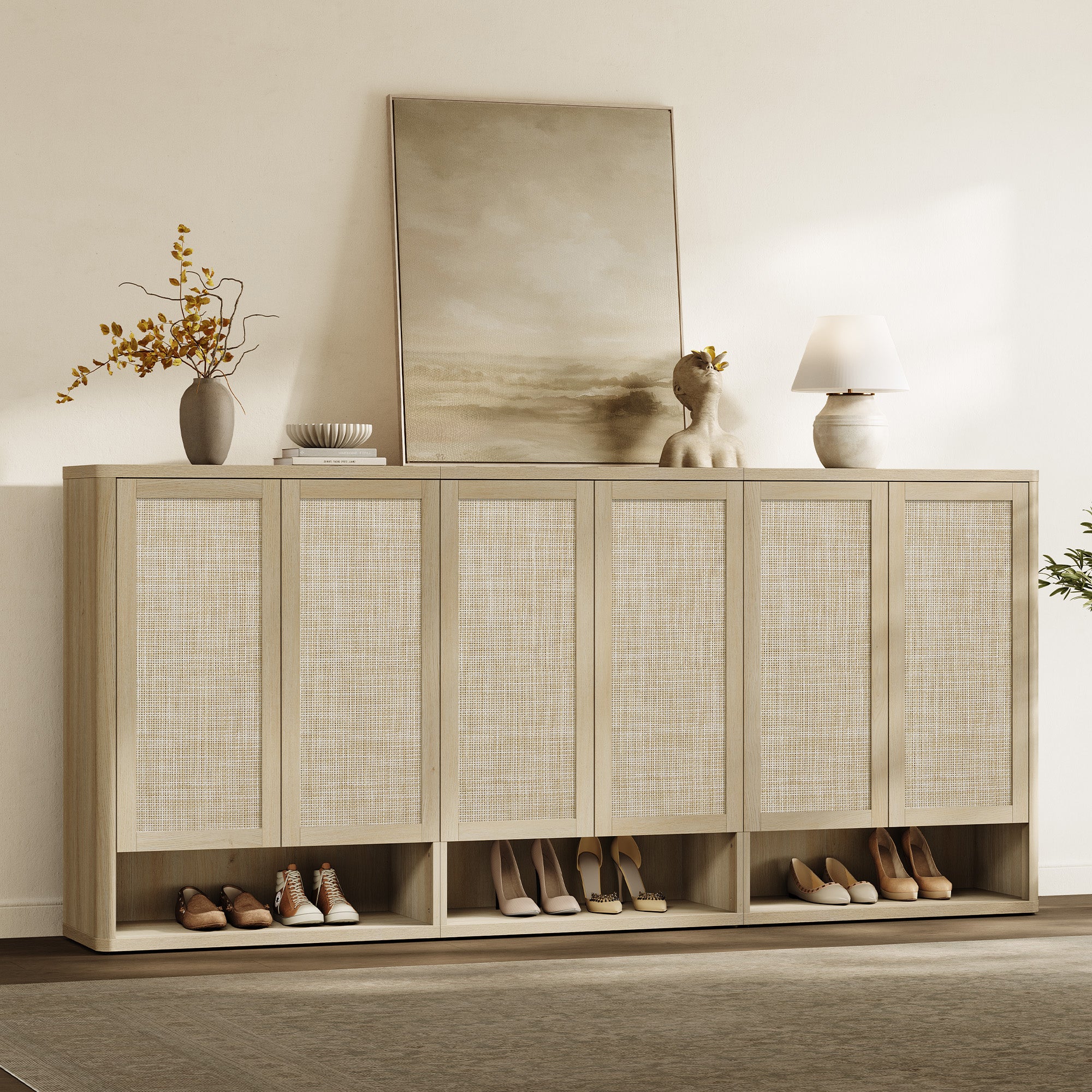 Zura Modern 3-Piece Rattan Shoe Cabinet, 70 Pairs