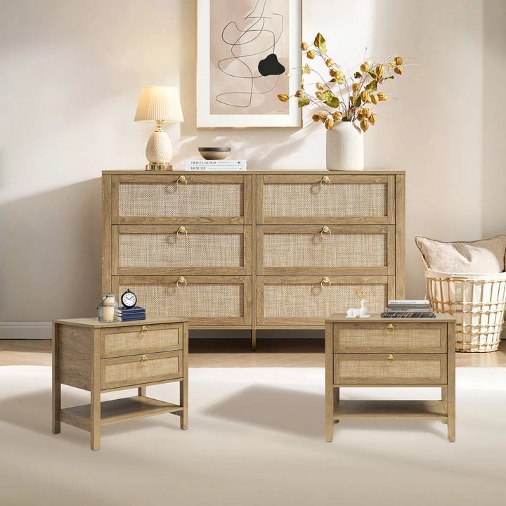 Terra 6 Drawers Dresser And White Cream Oak Nightstands Sets