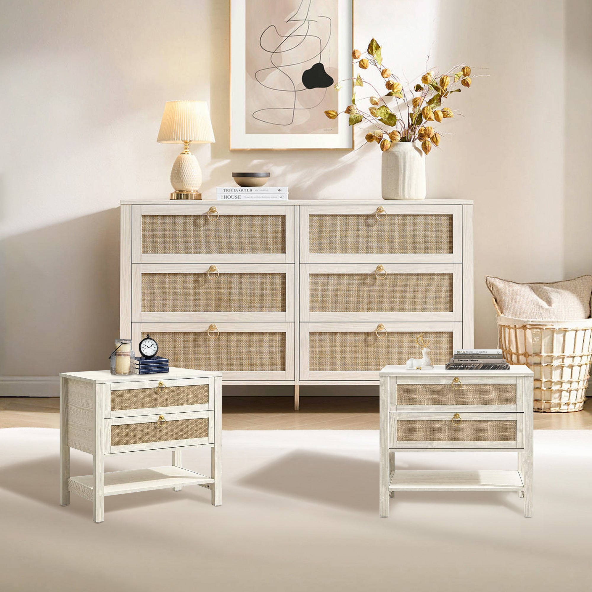 SICOTAS Rattan Bedroom Sets 3 Piece Dresser and Nightstand Sets, Modern Oak Rattan 6 Drawer Dresser and 2 Drawer Nightstand for Bedroom