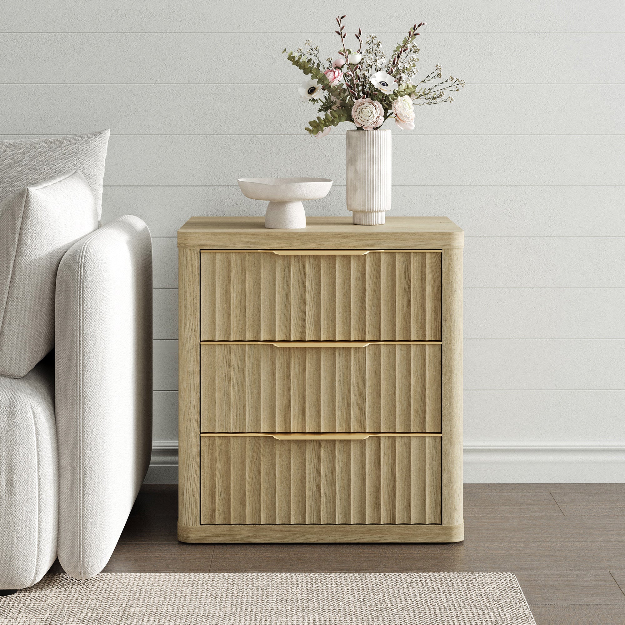 Cas 3 Drawers Nightstand with Golden Handle