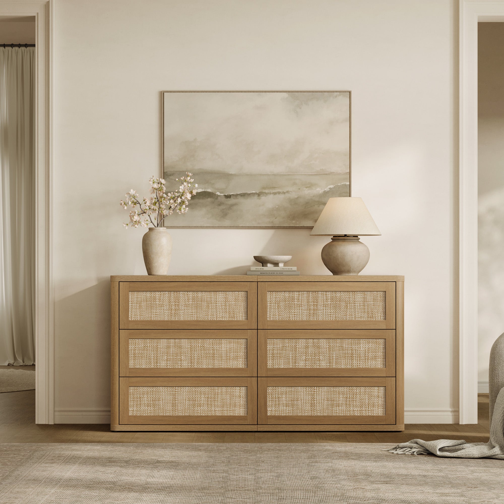 Zura Modern Rattan 6 Drawers Dresser, Sectional Design