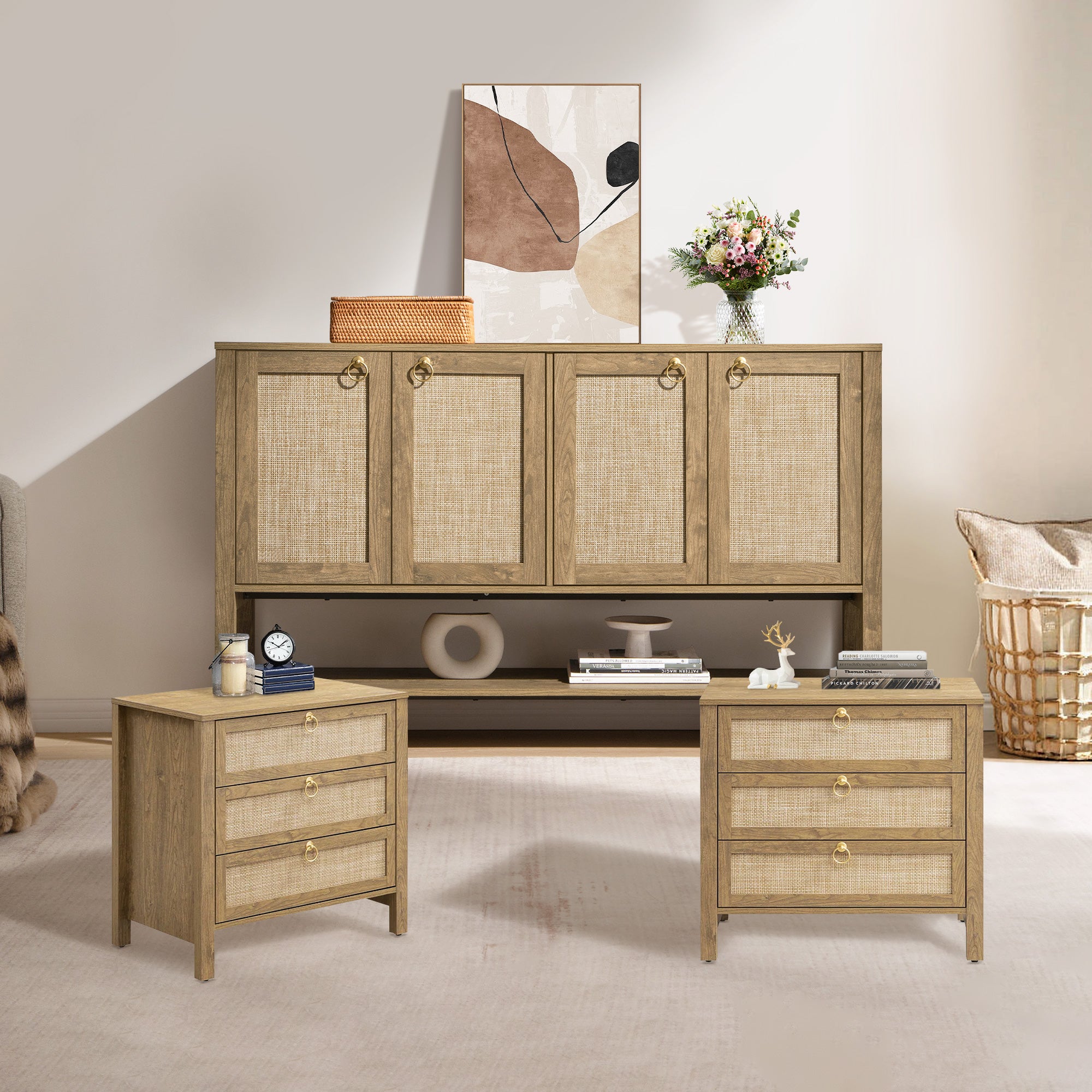 Terra 4 Doors Sideboard and 3 Drawers Nightstands Set