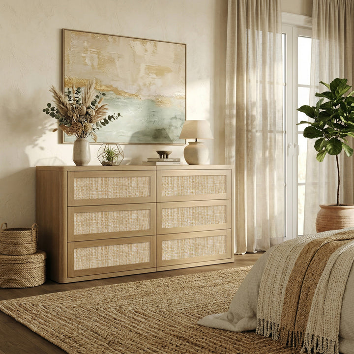 modern rattan dresser SICOTAS Rattan 6 Drawer Dresser, 53.6" Wide Modular Chest of Drawers for Bedroom, TV Stand, Boho Closet Storage Organizer, Amber Oak