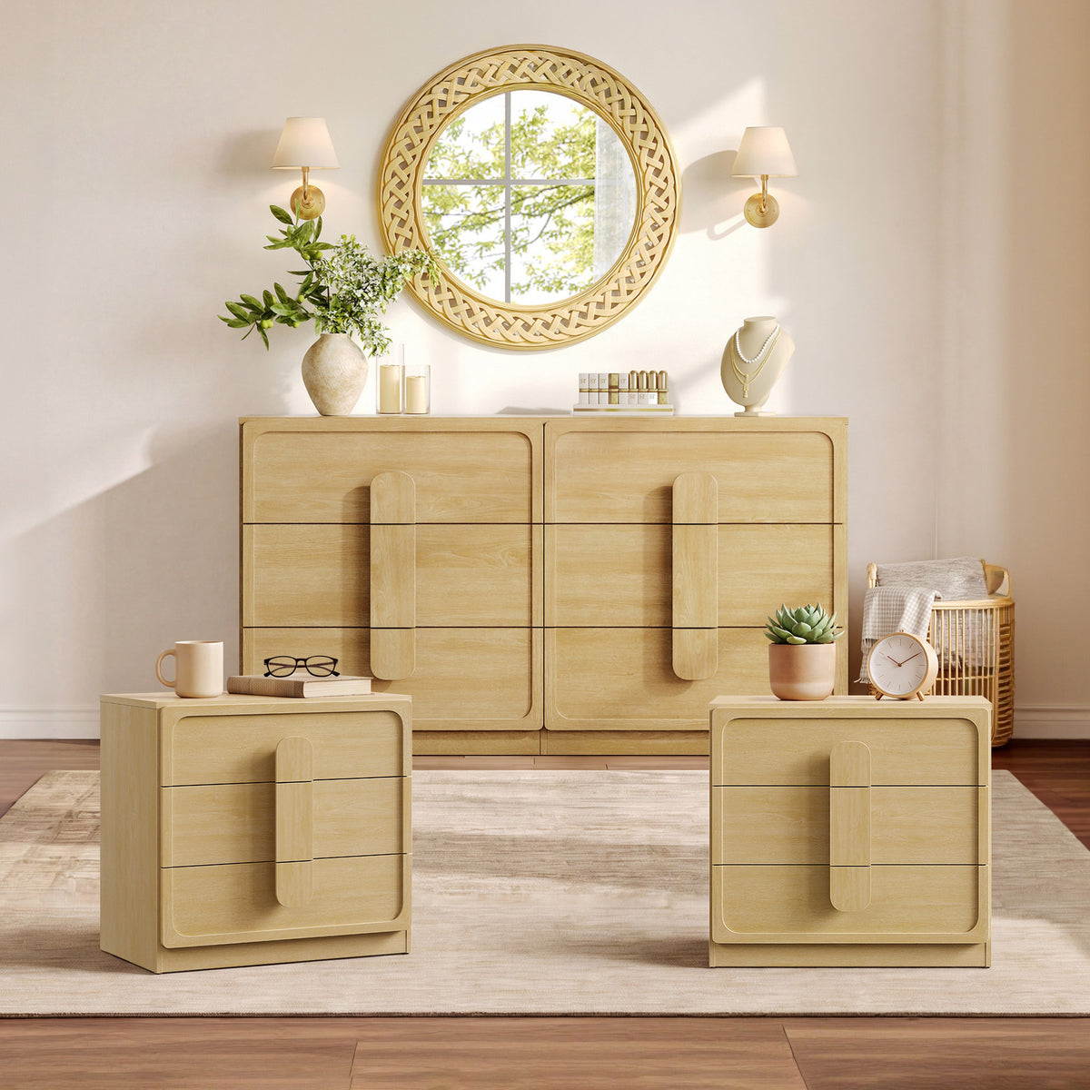 Arcus Dresser and Nightstands Set, Large Bedroom Storage