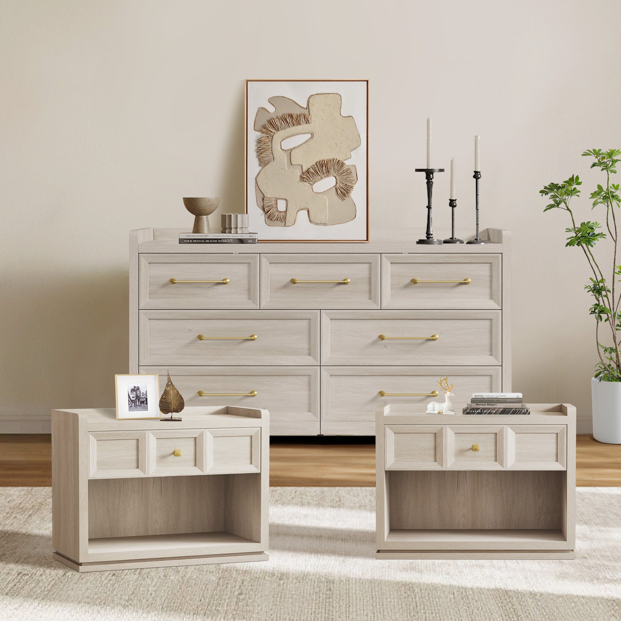 SICOTAS 3 Piece Bedroom Sets Dresser and Nightstand Set, Grey White Oak Modern 7-Drawer Dresser and 30.7