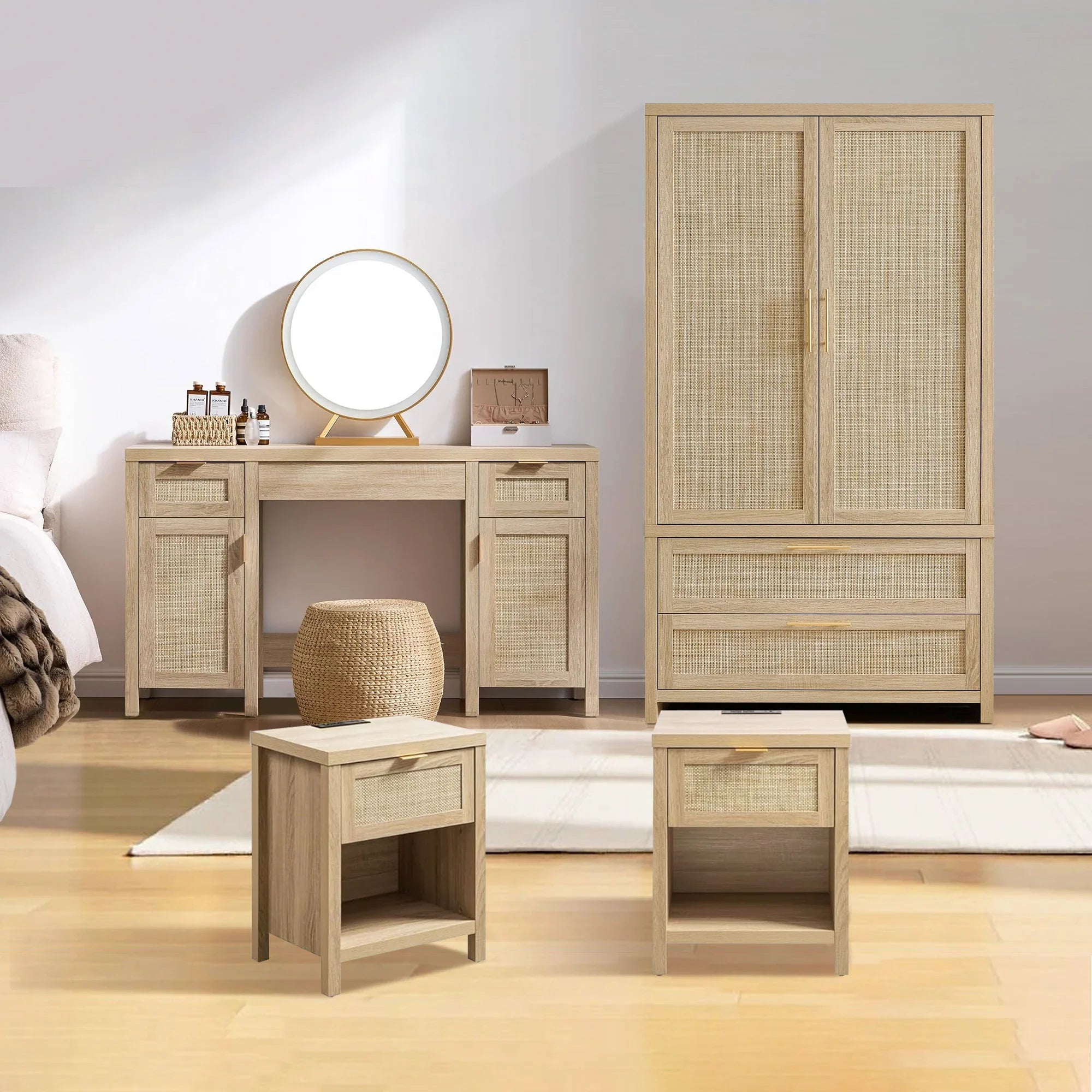 Savanna Makeup Vanity, Wardrobe, Nightstand with Charging Set