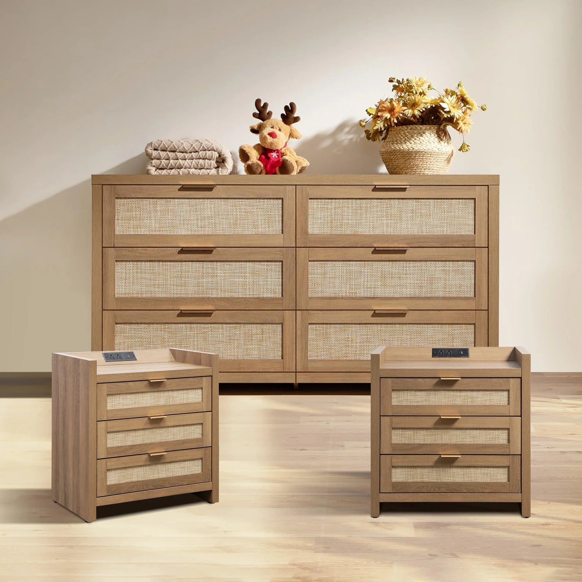 SICOTAS Savanna 6 Drawers Dresser and Nightstand Set, 3 Piece Bedroom Sets, Rattan 6-Drawers Dresser and 3 Drawers Nightstand with Charging Station