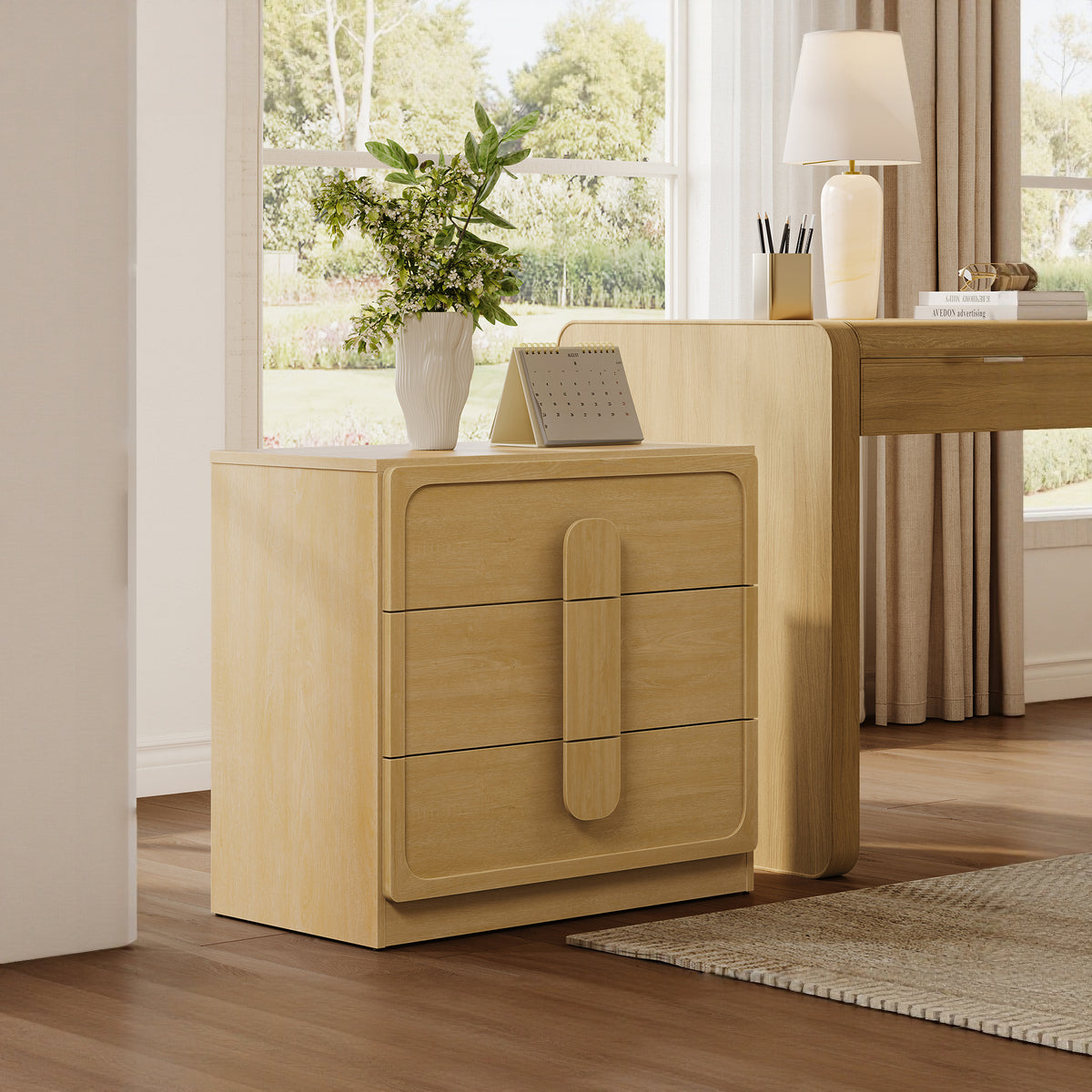 Arcus Nightstand with 3 Drawers, Arched Handles