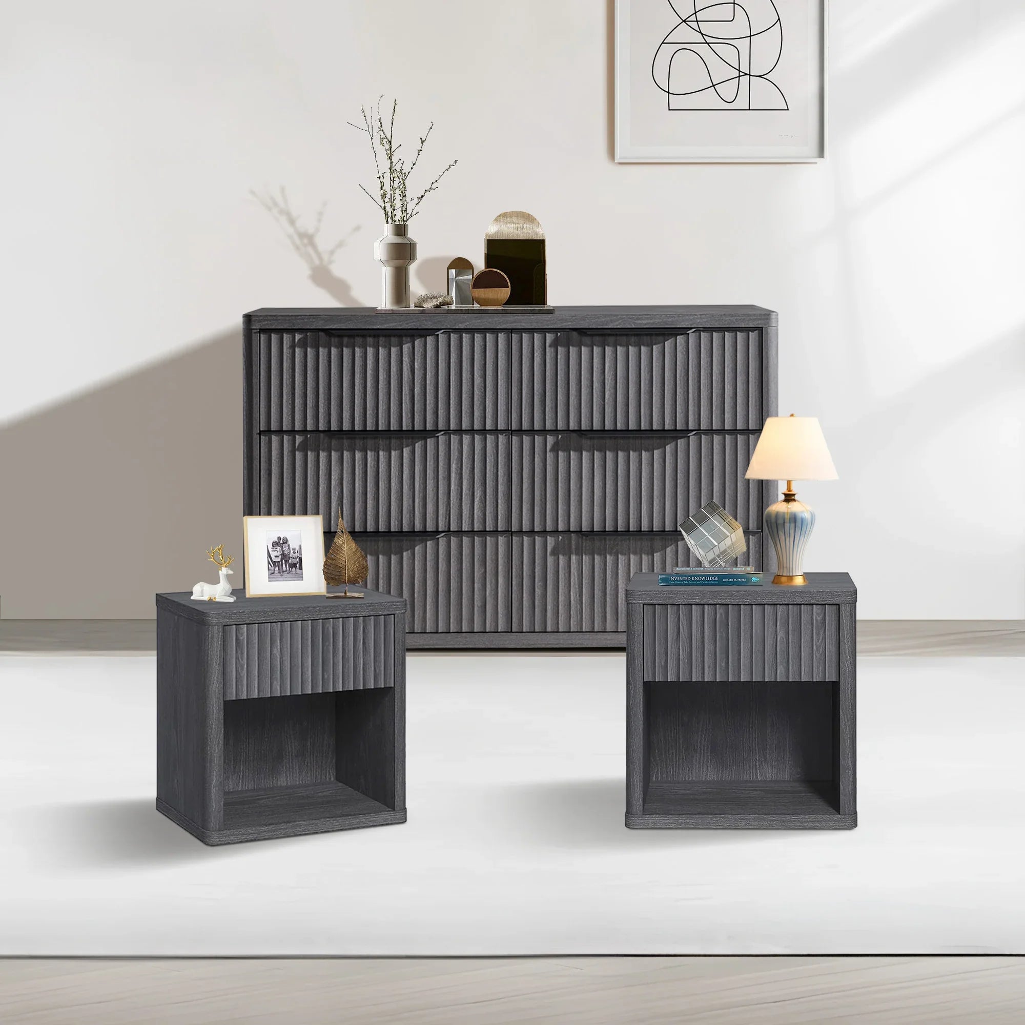 SICOTAS Fluted Dresser and Nightstand 3 Piece Set Bedroom Sets, Grey Alder 6-Drawer Dresser and Nightstand Set, Fluted Drawers Storage Bedroom Sets SICOTAS Fluted Dresser and Nightstand 3 Piece Set Bedroom Sets, Grey Alder 6-Drawer Dresser and Nightstand Set, Fluted Drawers Storage Bedroom Sets
