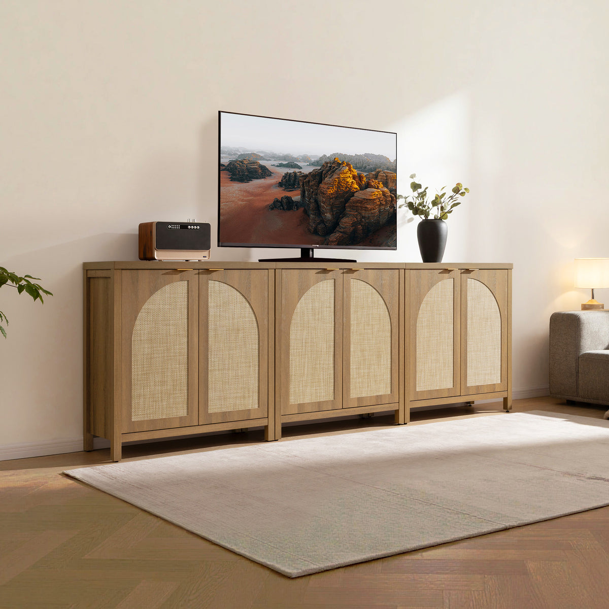 Savanna Rattan TV Stand with Arched Doors up to 100Inch TV, Set of 3