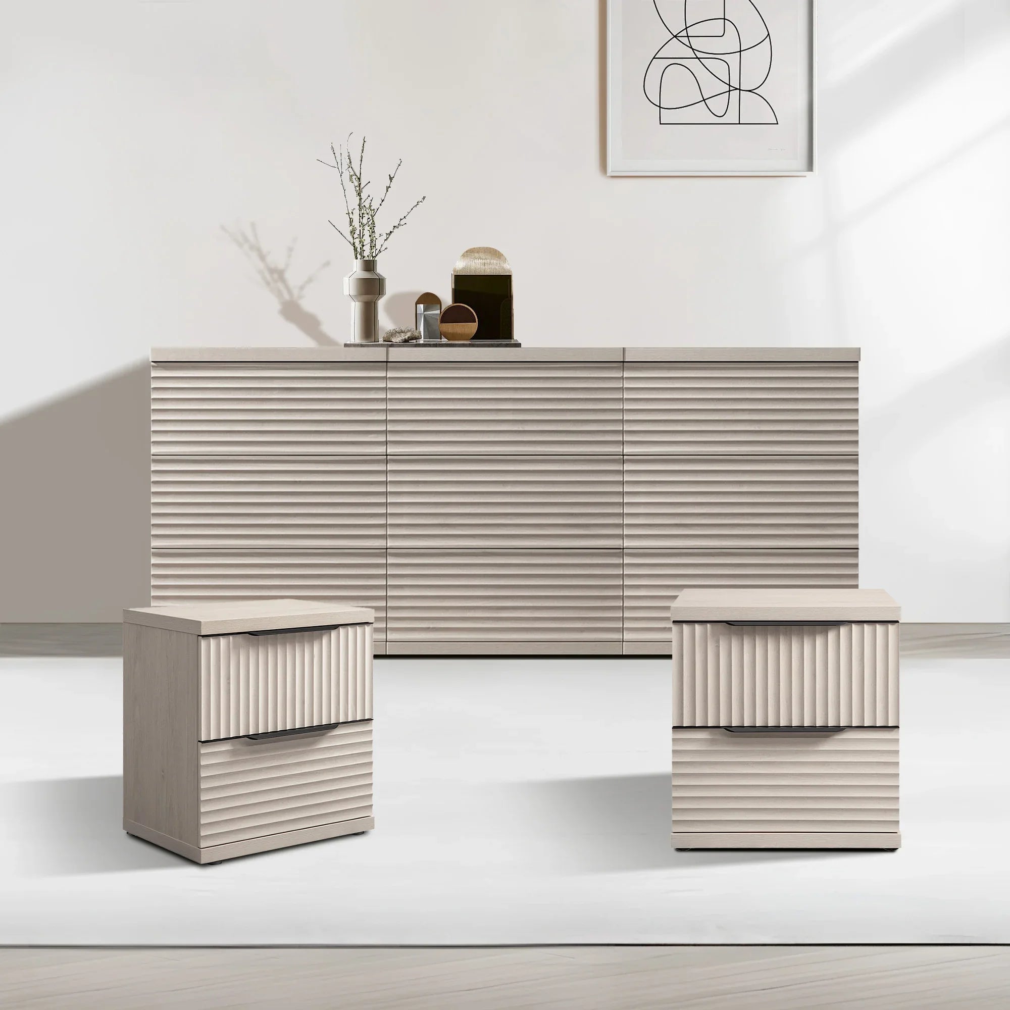 Stria Chest of 9 Drawers and Nightstands Set