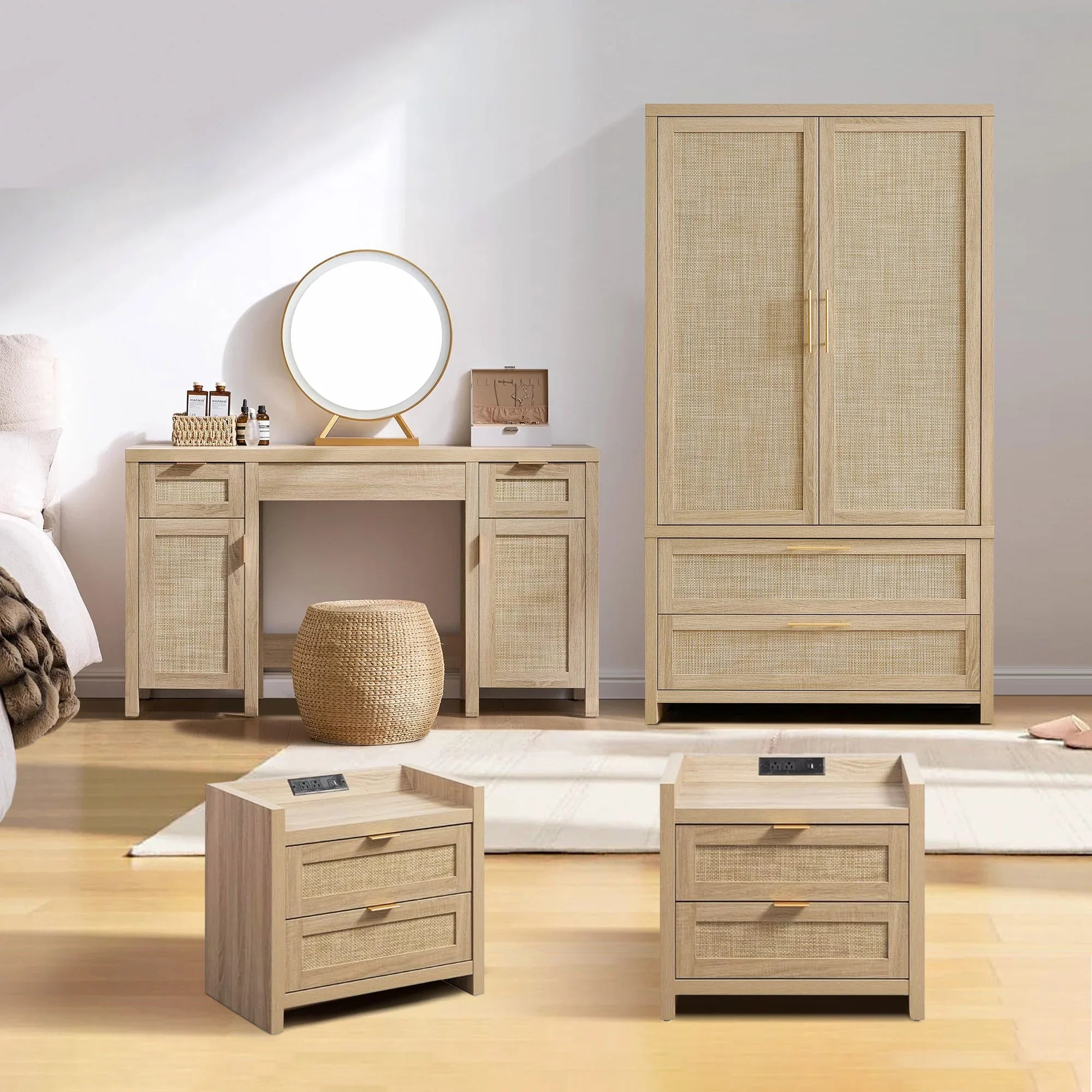 Savanna Makeup Vanity, Wardrobe and 2 Drawers Nightstands Set