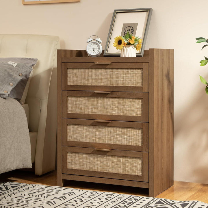 Modern wooden dresser with woven drawer fronts, clock, framed art, and sunflowers in bedroom