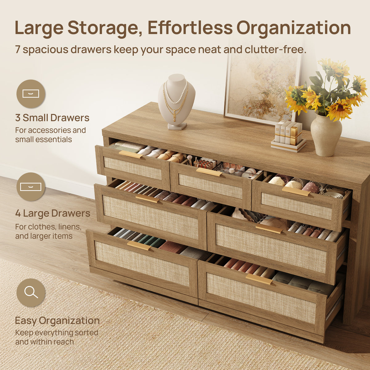 Savanna Boho 7-Drawer Dresser, Bedroom Storage, Set of 2