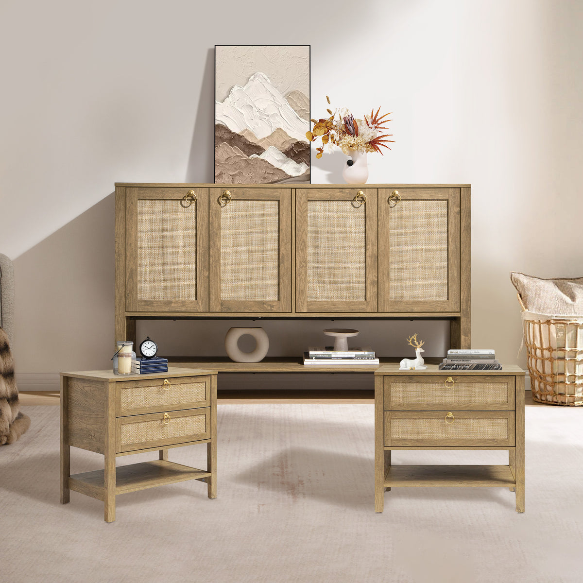 Terra 4 Doors Sideboard and 2 Drawers Nightstands Set for Living Room
