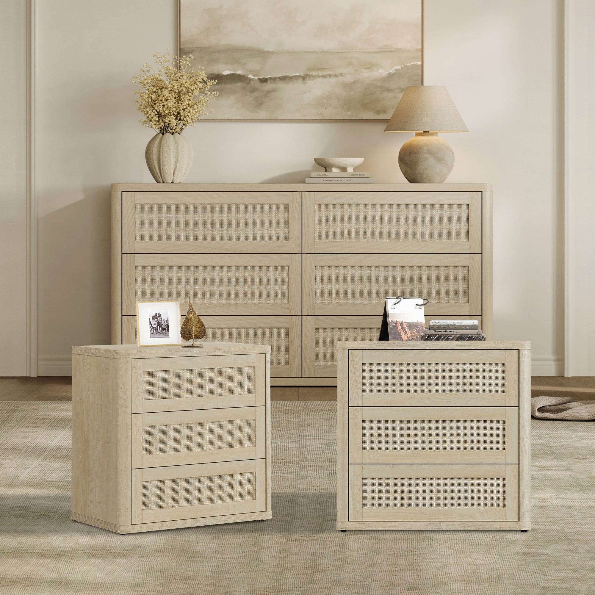 Zura Rattan Dresser and 3-Drawer Nightstand Set