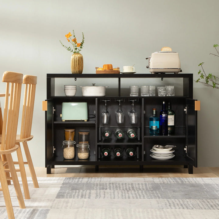 Modern black sideboard with glassware, liquor bottles, toaster, and kitchen decor