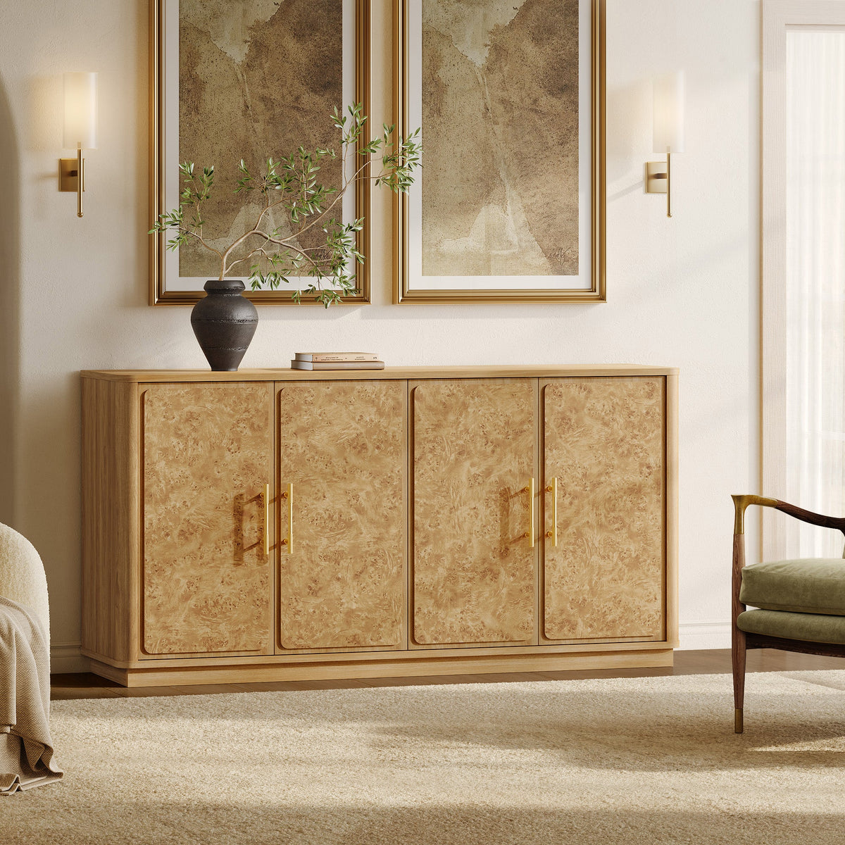Burluxe Modern Luxury 4-Door Storage Sideboard Cabinet - Light Burl Wood - 1 Piece