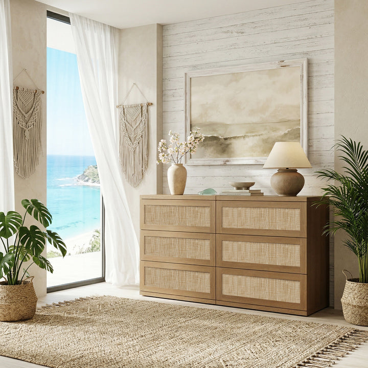 SICOTAS Zura Rattan 6-Drawer Dresser, Modular Dresser, 53.6