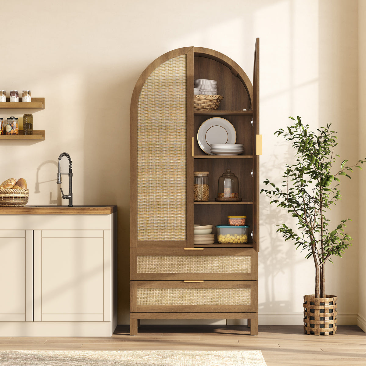 Savanna Arched Pantry Cabinet with Storage, 71Inch Tall
