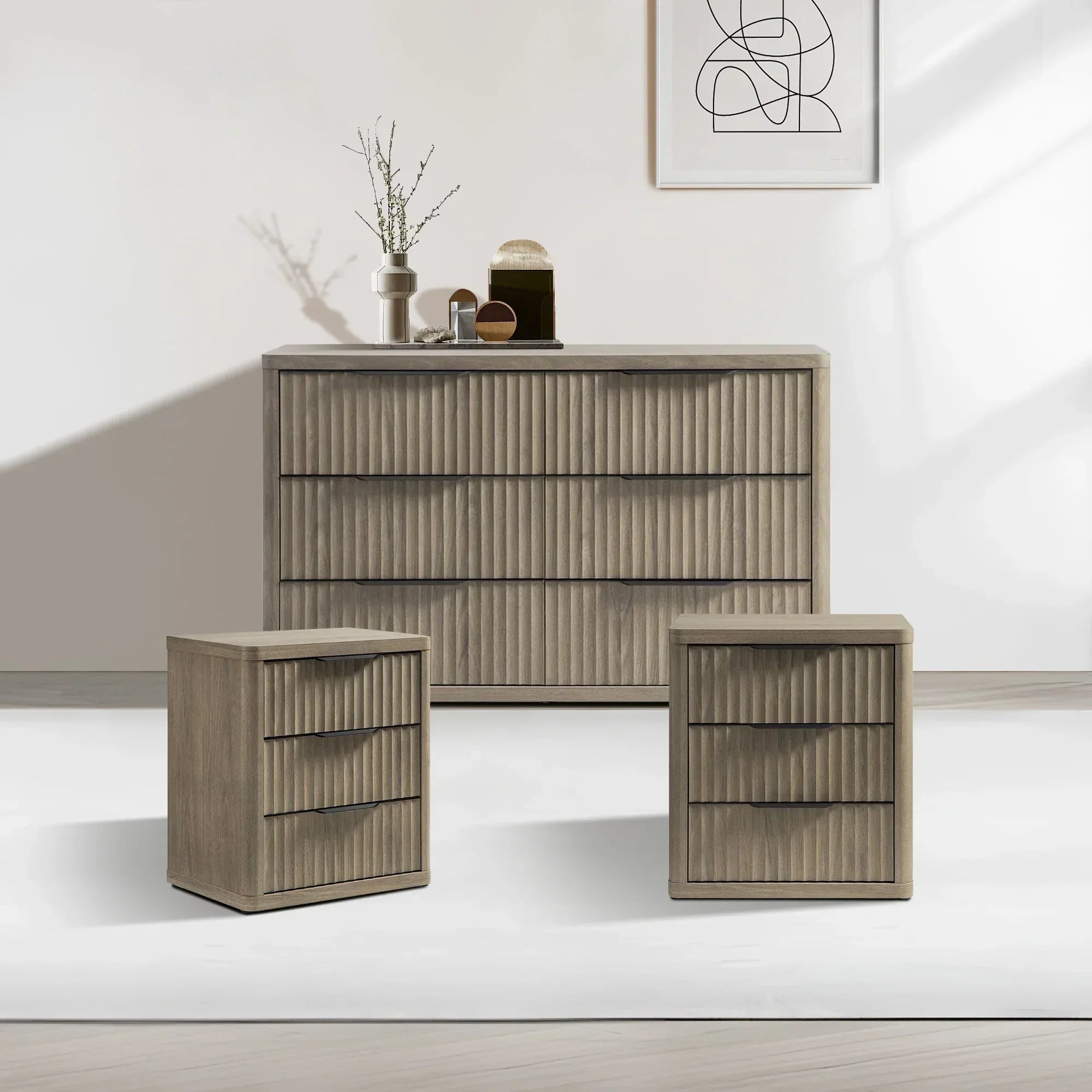 Cas 6 Drawers Dresser and 3 Drawers Nightstands Set for Bedroom - 1 Set - Grey Alder