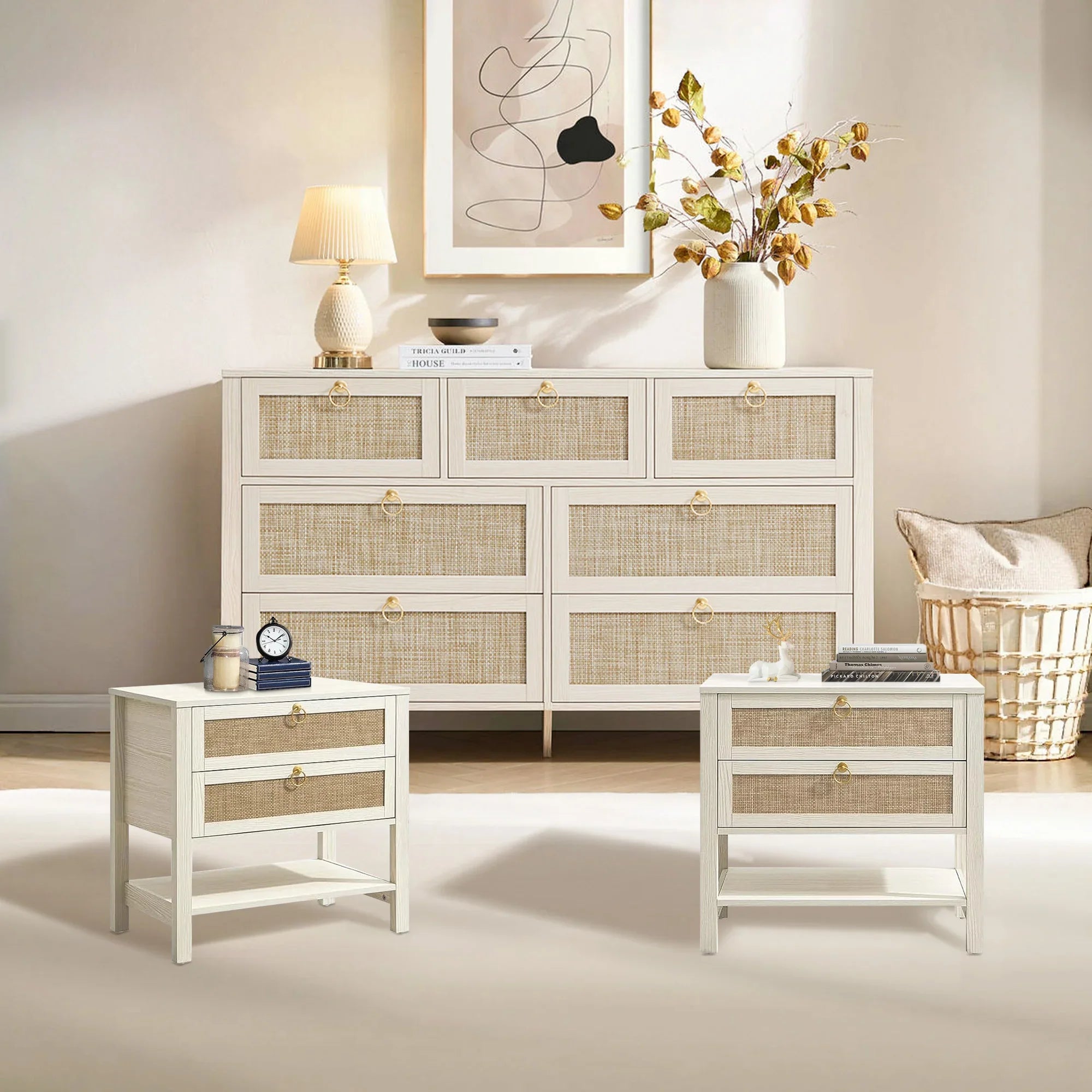 dresser and nightstands set SICOTAS 3 Piece Bedroom Sets Dresser and Nightstand Set, Light Walnut Farmhouse Rattan 7-Drawer Dresser and 2-Drawer Nightstand Set for Bedroom