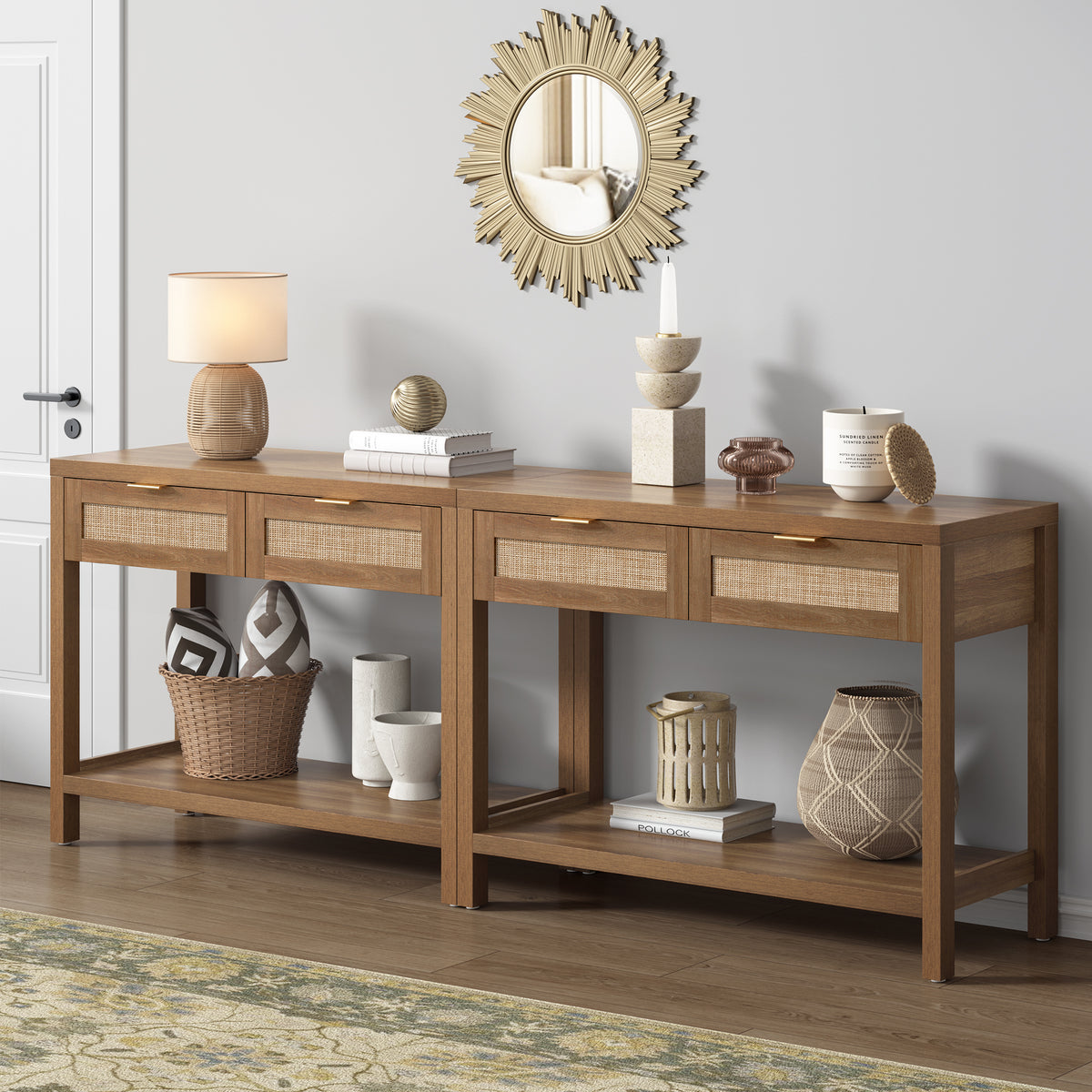 Savanna Boho Console Table with Storage, Set of 2