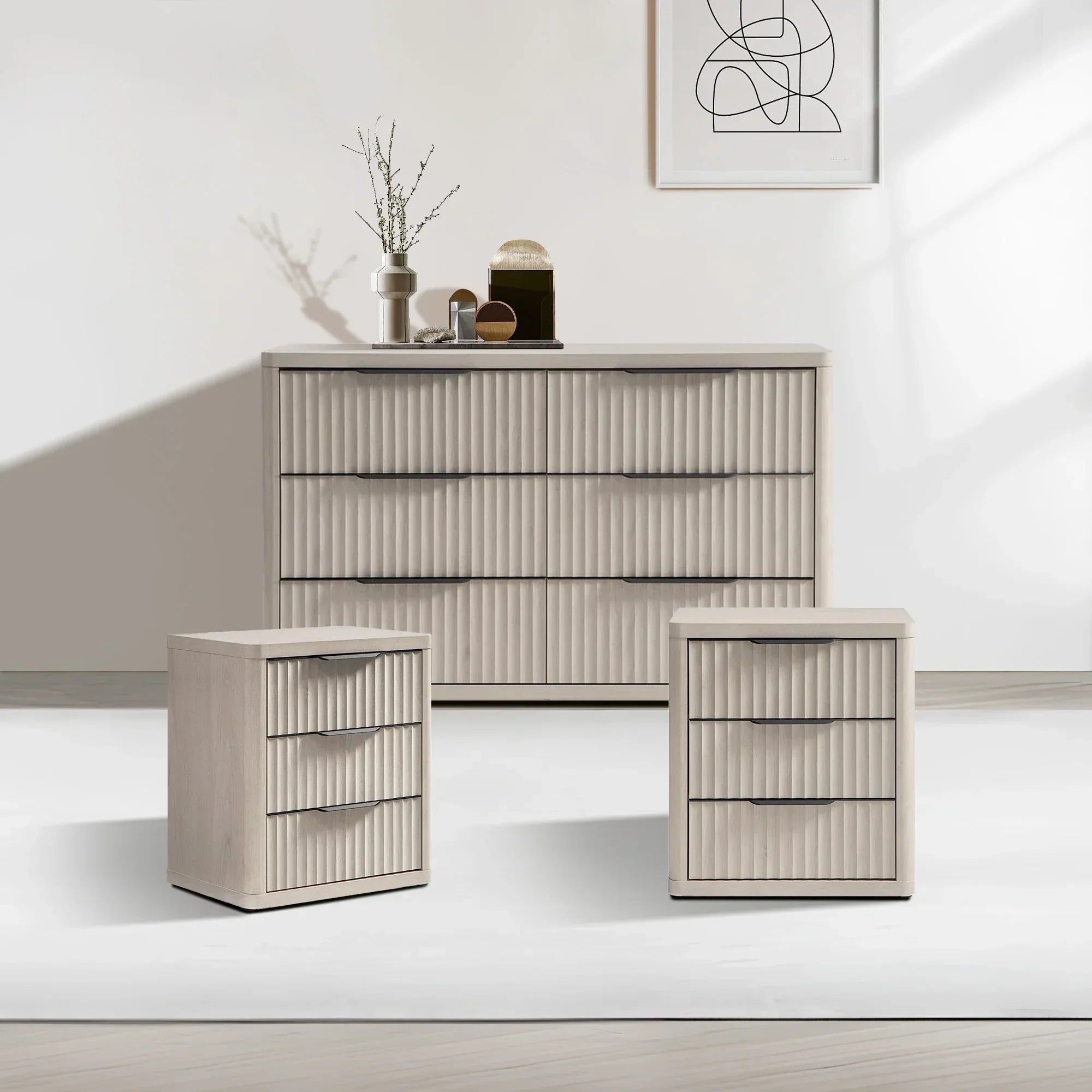 Cas 6 Drawers Dresser and 3 Drawers Nightstands Set for Bedroom