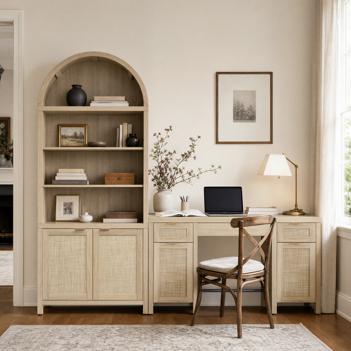 SICOTAS 3 Piece Furniture Set - 84.25" Tall Arched Cabinet & 52.1" Wide Desk with Rattan Doors, Adjustable Shelves, Hidden Handles for Study Room Home Office WM