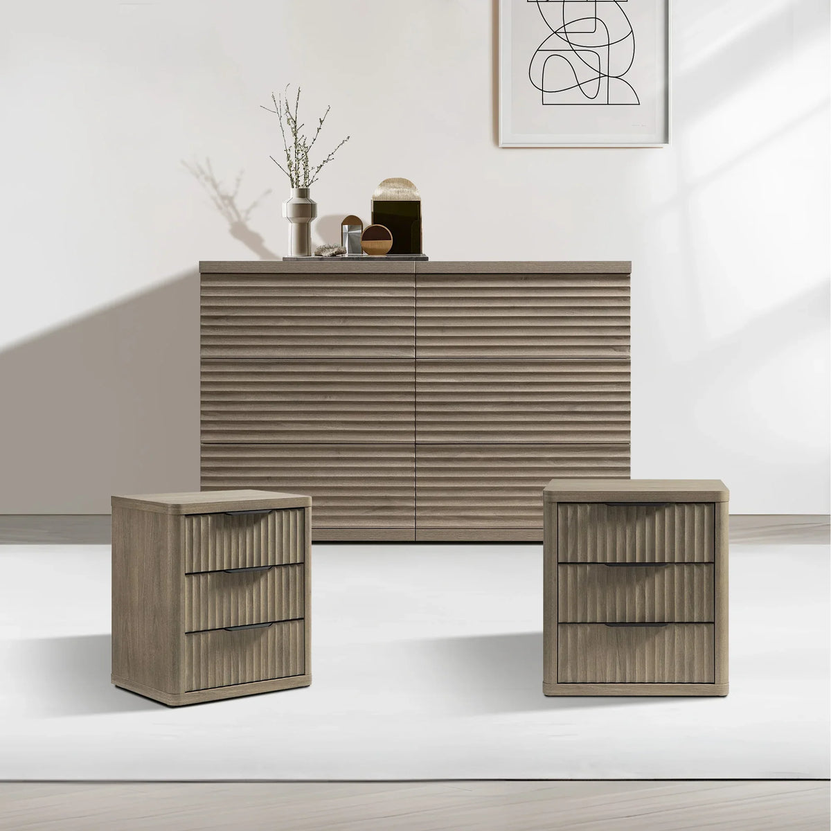 Stria Chest of 6 Drawers and Cas Night Tables Set