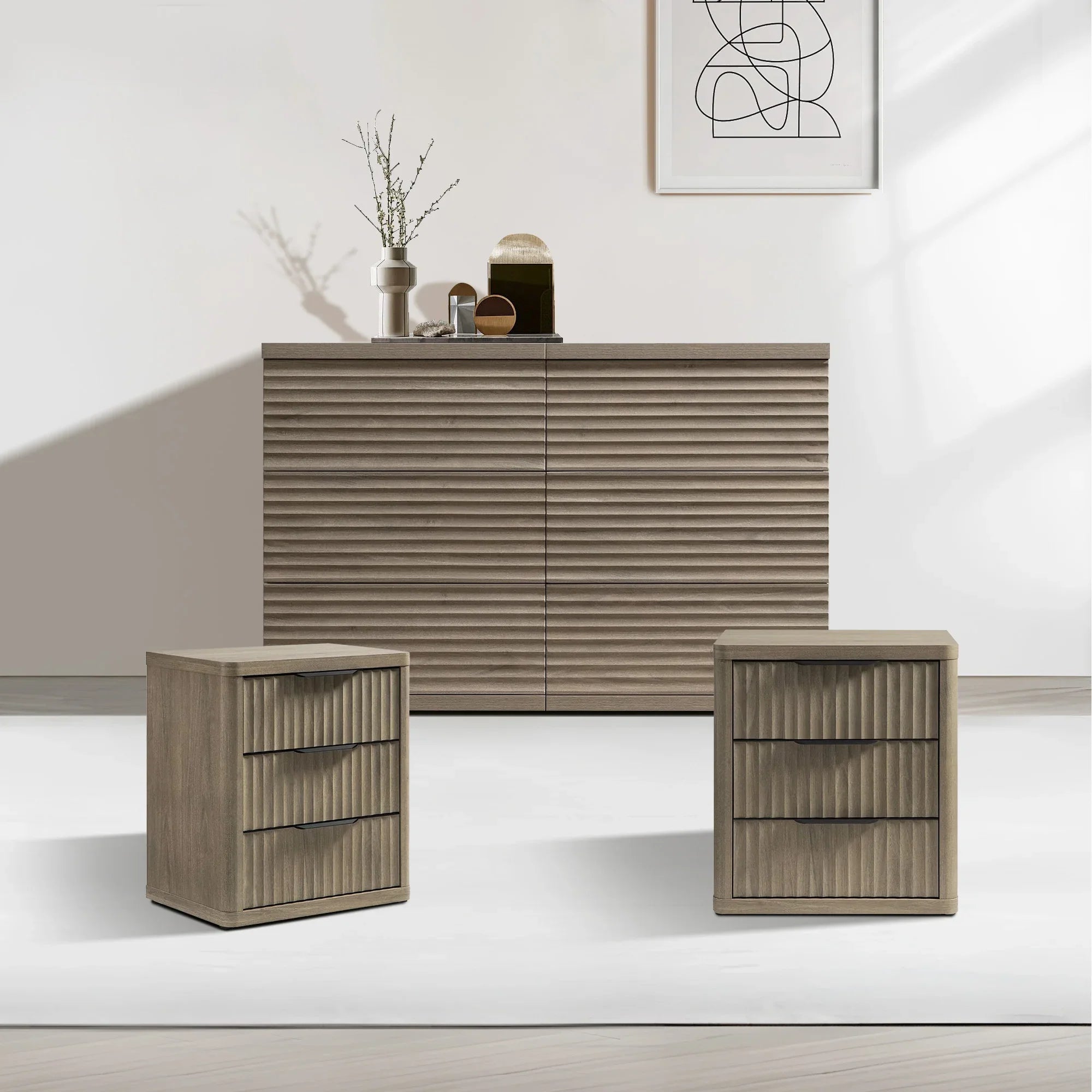 Stria Chest of 6 Drawers and Cas Night Tables Set