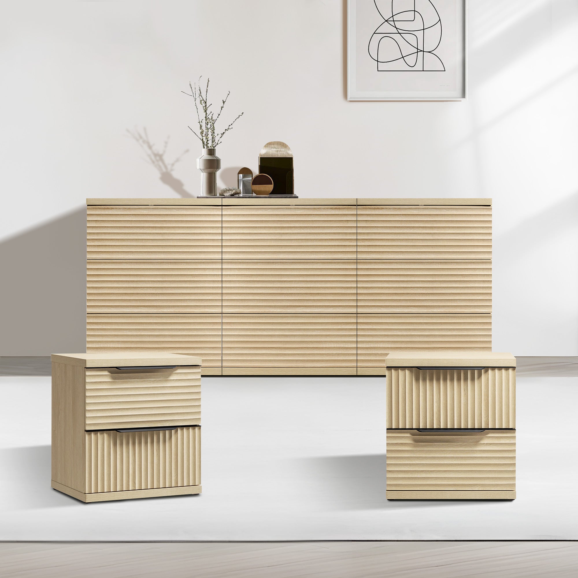 Stria Dresser and Nightstands Set, Large Storage