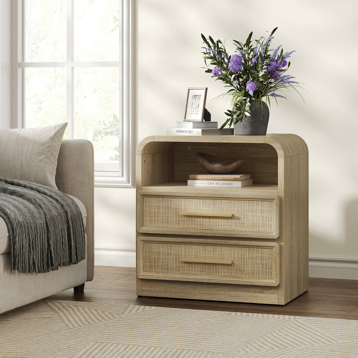 Crescent Rattan Nightstand with 2 Drawers, 25Inch Wide