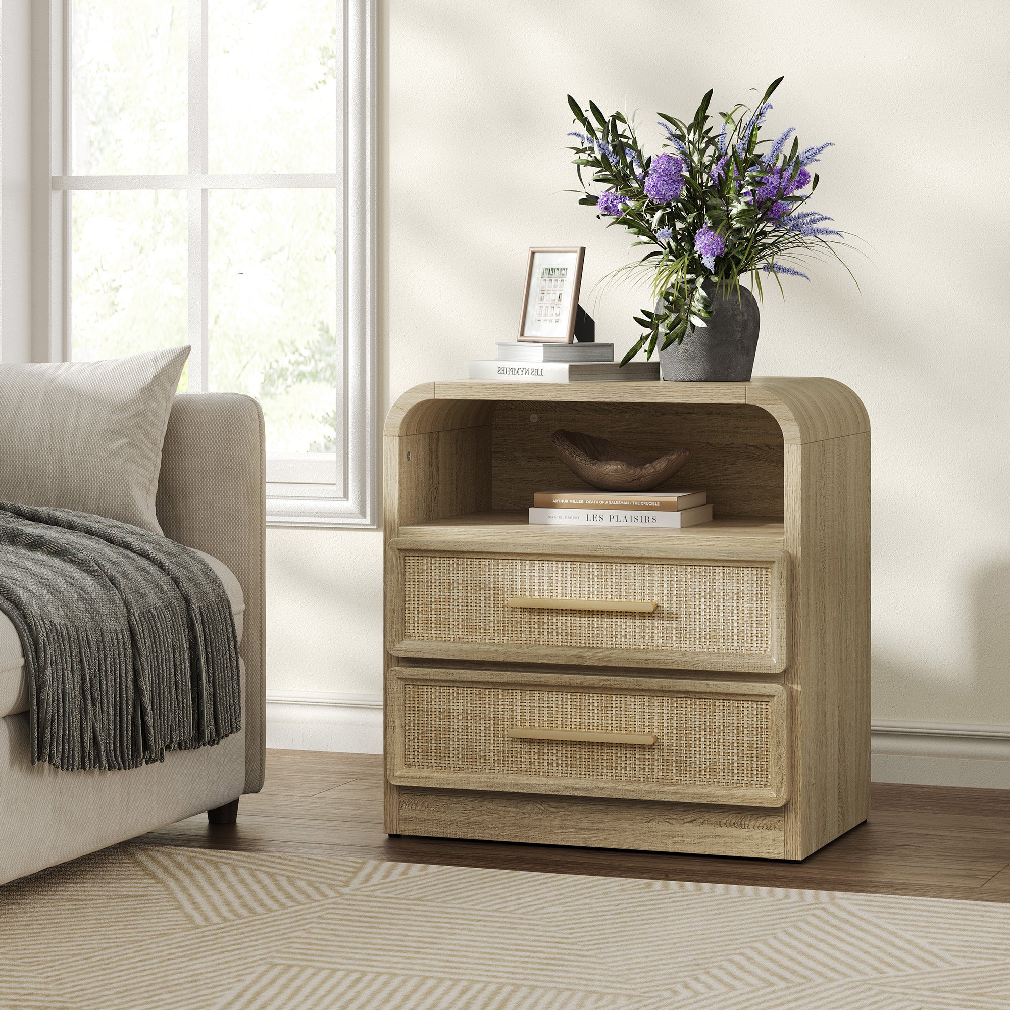 Crescent Rattan Nightstand with 2 Drawers, 25Inch Wide